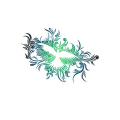 Vector flat image of a flying bird silhouette within a floral backdrop. Abstract ornament with a green to black gradient on a white background. Freedom and nature. Stylish flowers and bird.