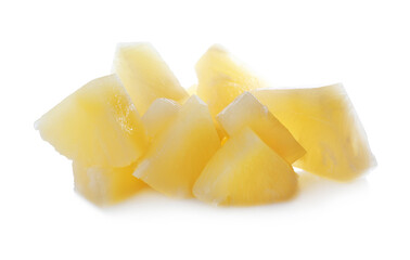 Pieces of canned pineapple isolated on white