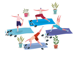 Men with sportswear doing yoga on mats design, Stay at home gym sport and bodybuilding theme Vector illustration