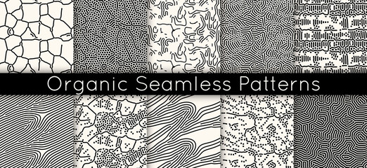 Set of 10 seamless vector abstract pattern with lines and dots in monochrome. Background of repeatable organic rounded shapes inspired by nature, natural maze texture.