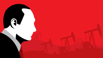 Businessman in a black suit against the background of oil pumps. Close-up male face in profile.