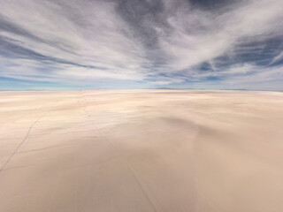Aerial morning wide view over Uyuni salar. South of Bolivia.