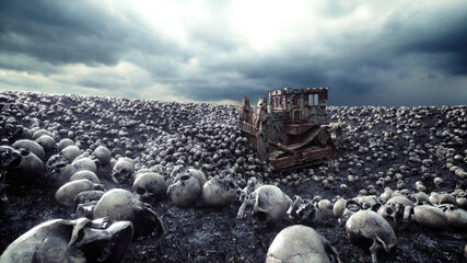 Old bulldozer and pile of skulls. Apocalypse and hell concept. 3d rendering.