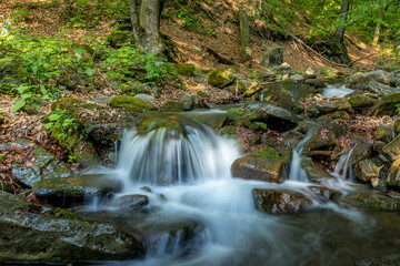 A mountain stream flowing through a landscape in a dense forest captured by long exposure time.