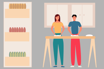 
Cartoon man and woman cook from dough on a kitchen background. Vector flat illustration. The family cooks pizza. Happy culinary work. Teamwork.