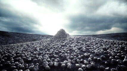 heap of skulls. Apocalypse and hell concept. 3d rendering. - obrazy, fototapety, plakaty