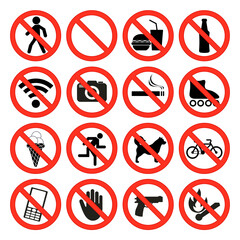 Prohibition signs, do not smoke, eat, drink alcohol. Prohibition signs for entering the store, movie theater, beach, in public places. Illustration isolated on white background.