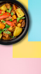 Mockup. Healthy tasty food in plastic containers on colored backgrounds