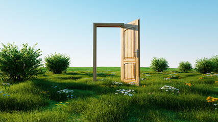 opened door. Portal through nature. 3d rendering.