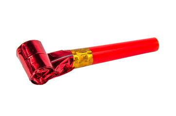 Party red foil whistle or noise maker horn rolled isolated on the white