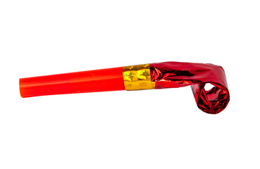 Party red foil whistle or noise maker horn rolled isolated on the white