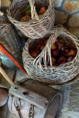 Wicker baskets with onions and a wine barrel in a rustic style.