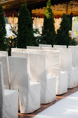 Beautifully decorated and arranged chairs for a festive Banquet. Decor, wedding