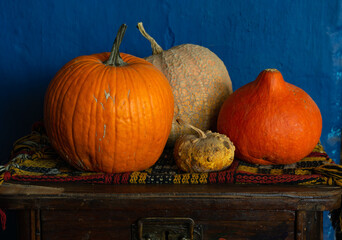 Pumpkin with decorative gourds in a rural setting.