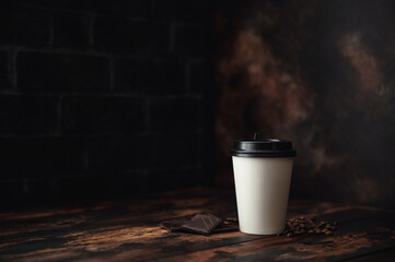 Mock up, white paper cup with a black chocolate stands on a dark background