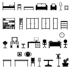 set of furniture b interior items 2d in black and white. all objects are isolated curves. interior items can be easily removed