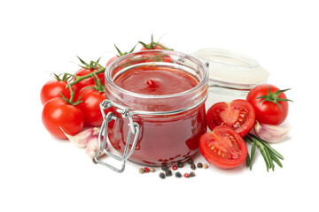 Tomatoes, sauce and ingredients isolated on white background