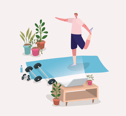 Man doing yoga on mat in front of laptop design of Stay at home theme Vector illustration
