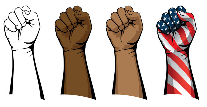 Raised Fist Set Including Line Art, Flesh Tones And Patriotic Versions Isolated Vector Illustration