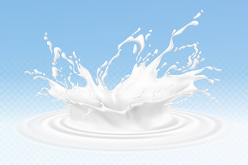 Vector realistic milk or yogurt splashes, flowing cream, abstract white blots, milk isolated on blue background. Design of natural, organic dairy products. Eps 10