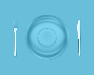 Blue empty dinner plate, fork and knife isolated on blue background. Preparation for the holiday, table setting, view top. 3d render