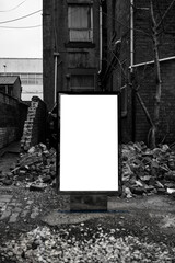 Poster billboard on city dirty alley background .Blank advertising billboard mockup in the street