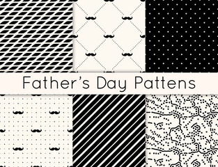 Set of 6 seamless patterns for Fathers day with man mustaches, lines, polka dot, abstract and geometric patterns. Collection of male backgrounds. Modern simple hipster texture.