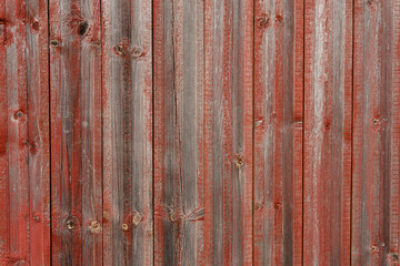 Fototapeta na wymiar Old gray with shabby red paint wooden wall, aged background and texture. Rustic wooden board of fence. natural patterns background