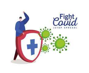 Man with mask and shield with cross design of Fight covid 19 virus and stop spread theme Vector illustration