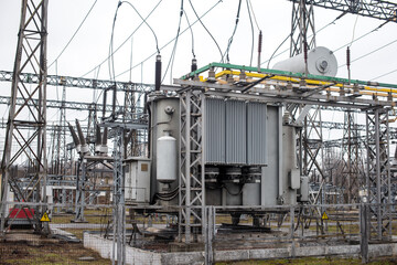 Power transformer at the electrical substation. Power engineering. Industry
