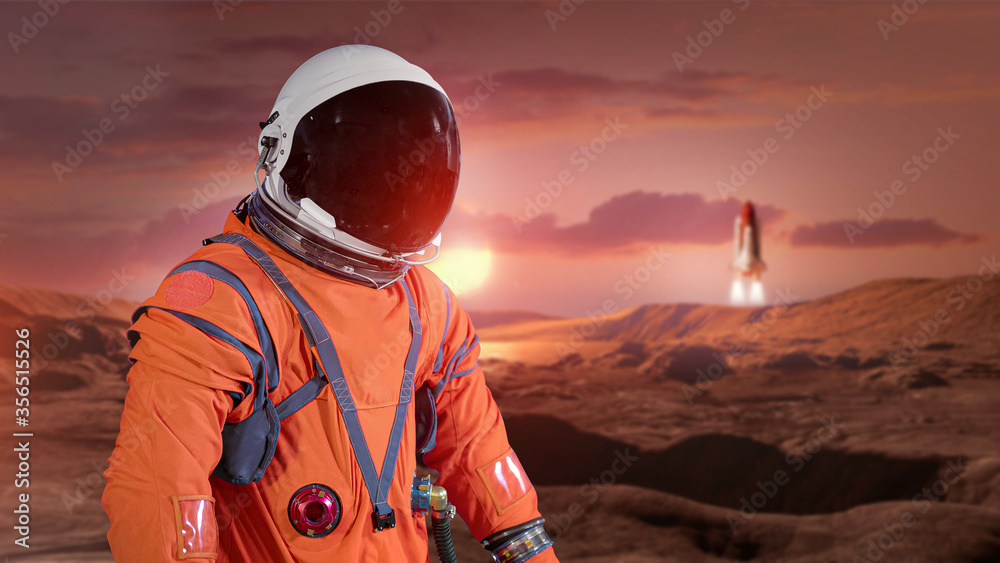 Leinwandbilder Astronaut on surface of red planet Mars. Martian colonizer. Spaceman and spaceship. Wallpaper of expedition to other worlds. Elements of this image furnished by NASA.