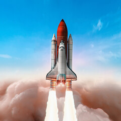 Space shuttle mission launch from Earth to the space. Clear blue sky and clouds, view from...