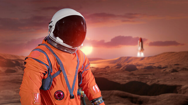 Astronaut on surface of red planet Mars. Martian colonizer. Spaceman and spaceship. Wallpaper of expedition to other worlds. Elements of this image furnished by NASA.
