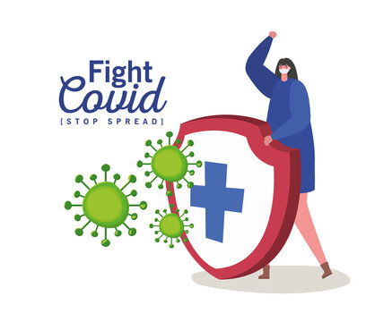 Woman with mask and shield with cross design of Fight covid 19 virus and stop spread theme Vector illustration