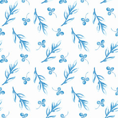 Seamless watercolor pattern with blue leaves