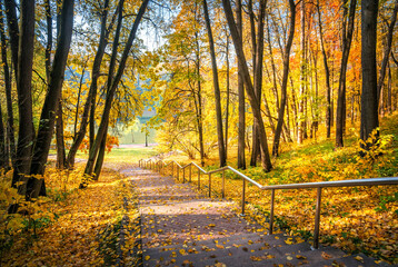 Stairs down in the autumn park Tsaritsyno in Moscow