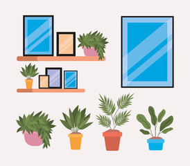 Shelves with plants inside pots and frames design, Home room decoration interior living building apartment and residential theme Vector illustration