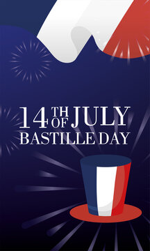 bastille day celebration card with france flag in tophat