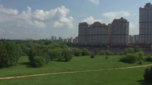 New modern residential complex on the banks of the river. Aerial view