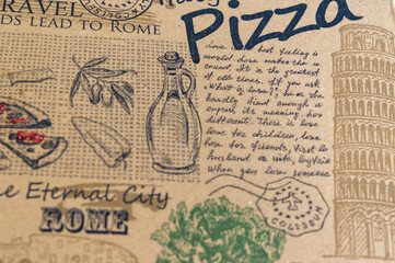 Pizza packaging with drawings and inscriptions. Close up.