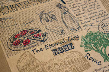 Brown pizza box with display box with pictures of pizza, olives and with the inscription city of Rome, travel.