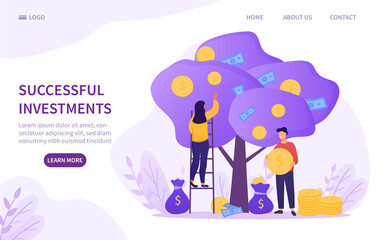 Successful Investment concept with a young couple picking gold coins off a money tree into dollar bags, colored vector illustration