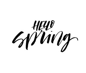 Hello spring card. Modern vector brush calligraphy. Ink illustration with hand-drawn lettering. 
