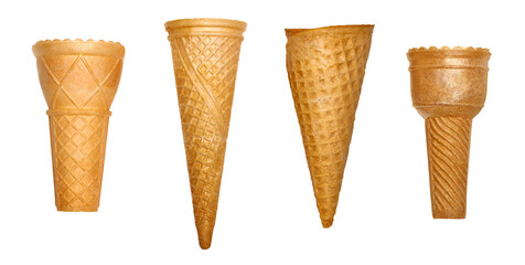Empty ice cream cones collection isolated on white background. Empty ice cream cones with clipping path	