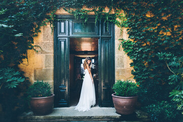 Back view of young sensual bride in white wedding dress standing in doorway of old stone building covered with green ivy and potted plants