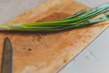 green onions on the cutting board