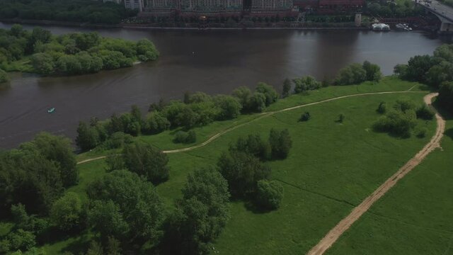 New modern residential complex on the banks of the river. Aerial view