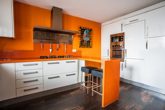 Contemporary kitchen interior with bright orange wall and counter decorated with picture in ethnic style in modern apartment