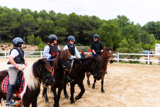 Teen jockeys in helmets communicating with each other while riding obedient horses on sandy dressage arena during lesson in equestrian school