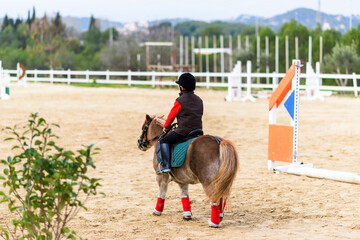 Back view of unrecognizable child in jockey costume sitting in saddle of a pony during lesson in horseback riding school